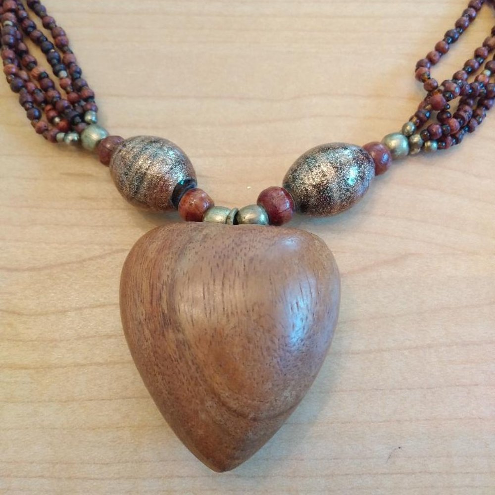 Vintage Boho Large Puffy Wood Heart with Bead Necklace - Picture 2 of 5